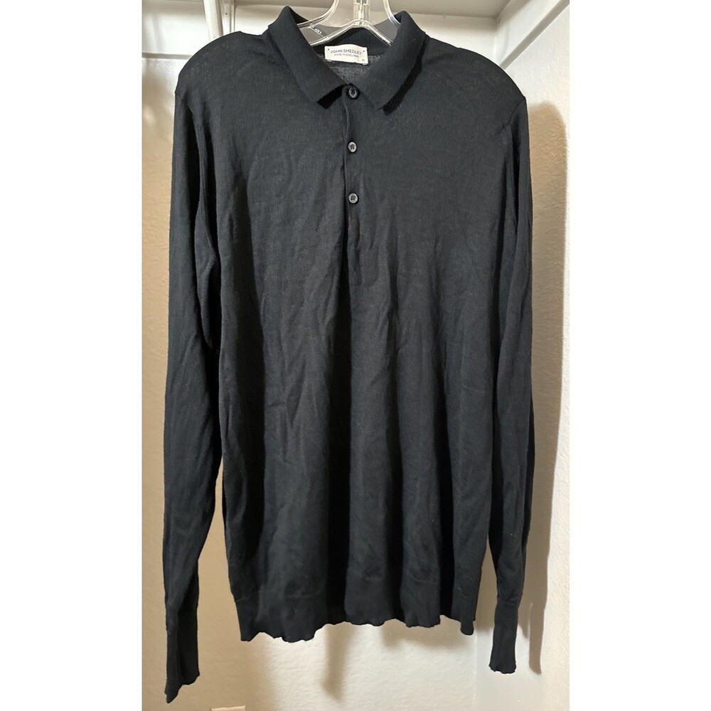 JOHN SMEDLEY Black Merino Wool Long Sleeve Knit Polo Button England Size XL